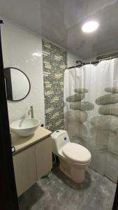 a bathroom with a toilet and a sink and a shower at Loft Del Ruiz - Apartamentos in Líbano +12 photos