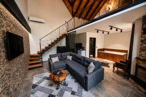a living room with a couch and a tv at Villa Vrosi - فلل وأكواخ فيروز السياحية in Ardeşen