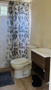 a bathroom with a toilet and a shower curtain at Hostal Casa Maros in Tamanique