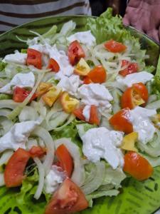 a green plate of salad with lettuce and tomatoes at Vaimoe Lodge à Rangiroa sur Tiputa in Tiputa
