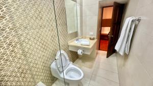 a bathroom with a toilet and a sink at Hotel Carvallo in Cuenca +65 photos