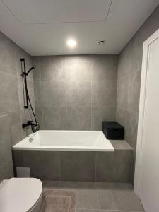 a bathroom with a bath tub and a toilet at Karaliauciaus Apartment in Vilnius