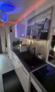 a kitchen with a sink and a picture on the wall at La maison du soleil in Vitrolles