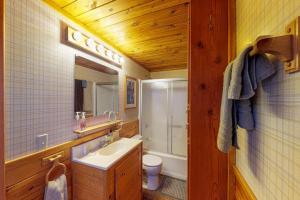 a bathroom with a sink and a toilet and a mirror at Kick Back Cabin in Pagosa Springs +34 photos