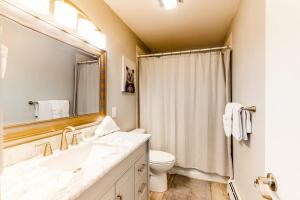 a bathroom with a sink and a toilet and a mirror at Watch Hill Lofted in Silverthorne +46 photos