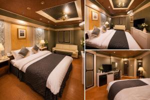 two pictures of a bedroom with two beds and a room at Hotel WIN in Fukaya
