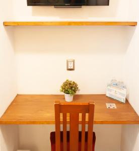 a wooden table with a chair and a plant on it at Hotel Dainzu in Oaxaca City