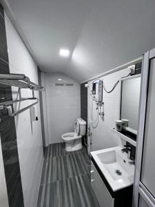 a small bathroom with a toilet and a sink at Asni chalet in Marang +8 photos