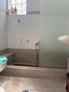 a bathroom with a shower with a glass door at Aether House Αιθήρ in Toroni +49 photos