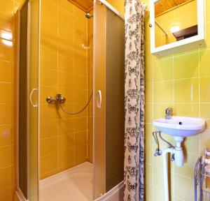 a bathroom with a shower and a sink at Ežero Panorama in Skirlėnai +25 photos