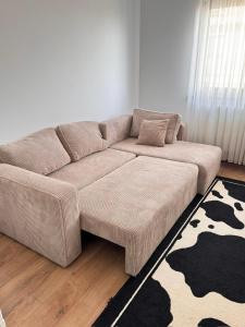 a brown couch in a living room with a rug at Apartament Vedere relaxantă in Ipoteşti