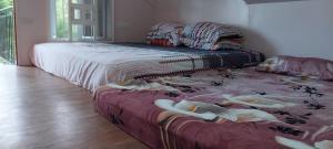 a bedroom with a bed with a group of pelicans on it at Beachfront AC Cave Cabin for 10pax in Caba +6 photos