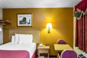 a small hotel room with a bed and a desk at Rodeway Inn Goodlettsville South in Goodlettsville