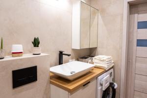 a bathroom with a white sink and a mirror at Apartament 16 in Sandomierz