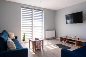 a living room with a blue couch and a tv at Apartament 16 in Sandomierz