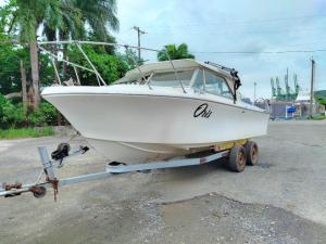 a white boat on a trailer on a beach at Tour Full Day Taboga in Panama City