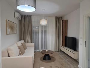 a living room with a white couch and a tv at A&A Apartment in Šušanj