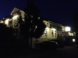 a white building with a tree in front of it at night at Sunibel Inn in Reinheim