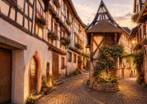 an alley in an old town at dusk at L'Atypique in Eguisheim