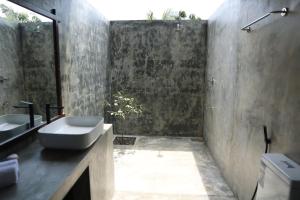 a bathroom with a sink and a toilet and a mirror at Aji fruit farm cottage peaceful lakeside farm stay with sunrise views 01 in Embilipitiya +44 photos