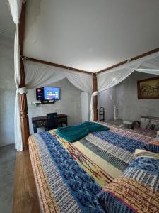 a bedroom with a canopy bed with a flat screen tv at Bali Bobo Hostel in Jimbaran