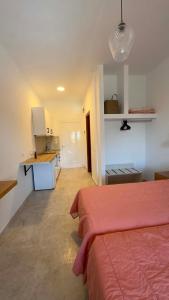 una camera da letto con un letto rosso e una cucina di Villa Sofia ad Acharavi