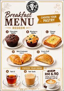 a menu for breakfast meriwetherrem and croissants at GM Hotel Metro at Sunway in Petaling Jaya +30 photos
