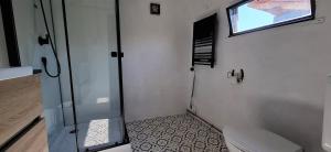 a small bathroom with a toilet and a window at Tiny House auf der Kingswood Ranch in Cornberg +11 photos