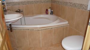 a bathroom with a tub and a toilet and a sink at Chalupa Záborčí in Malá Skála