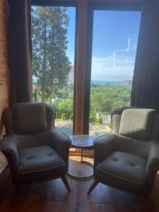 two chairs and a table in front of a large window at GrapeHill Cottage in Achʼqva
