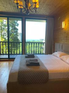 a bedroom with a large bed with a large window at GrapeHill Cottage in Achʼqva +32 photos