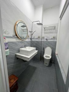 a bathroom with a sink and a toilet and a mirror at Lya Homestay CMT8 Da Nang in Danang