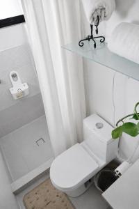 a bathroom with a toilet with a shelf above it at Estadio Azteca Banorte Suites in Mexico City