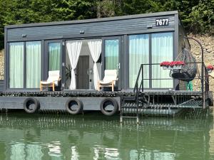 a tiny house on a dock on a body of water at Black Swan Lakehouse in Bicaz +31 photos