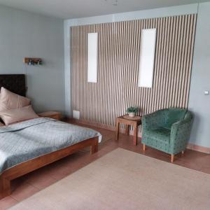 a bedroom with a bed and a chair and a table at Pension am Bernsteinmuseum Ferienwohnung in Ribnitz-Damgarten +19 photos