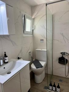 a bathroom with a toilet and a glass shower at Lemon Tree Residence in Artemida +29 photos