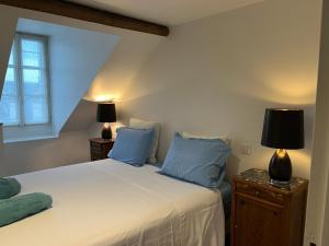 a bedroom with a bed with blue pillows and two lamps at Le Miel des Muses in Brive-la-Gaillarde