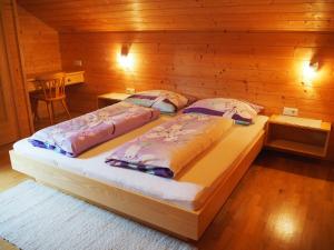 a bedroom with two beds in a wooden room at Haus Kanisfluh in Au im Bregenzerwald