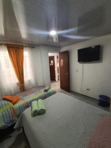 a bedroom with two beds and a flat screen tv at Casa Bercel in Choachí