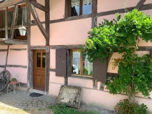 a pink building with a door and a window at Ferme Alsacienne in Soppe-le-Haut