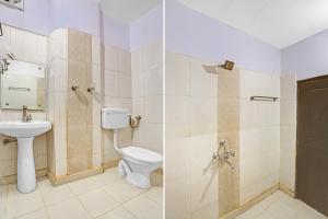 two pictures of a bathroom with a toilet and a sink at Hotel O Dps Inn in Allahābād +26 photos