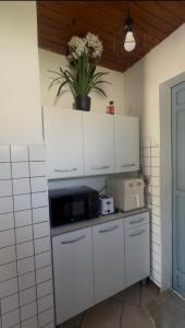 a kitchen with white cabinets and a potted plant at Une Parenthèse à 2 in Saint-Joseph
