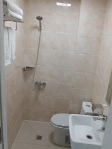 a bathroom with a shower and a toilet and a sink at Gandan Peace Guest House in Ulaanbaatar