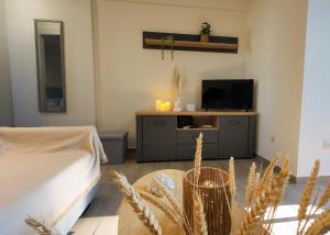 a living room with a bed and a tv at Kleopatra's Apartments in Chios