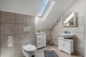 a bathroom with a toilet and a sink and a skylight at Haus Schönblick in Amorbach +27 photos