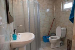 a bathroom with a sink and a toilet and a shower at Mushkudiani Manor in Mestia +90 photos