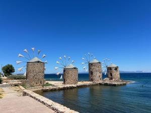 a group of windmills on a island in the water at Kleopatra's Apartments in Chios