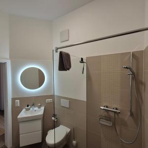 a bathroom with a toilet and a sink and a shower at Propstei Wechterswinkel in Wechterswinkel +38 photos