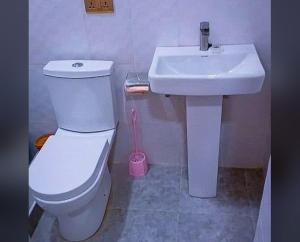 a bathroom with a white toilet and a sink at Wisny Guest House in Kasoa