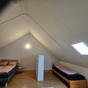 a attic bedroom with two beds and a skylight at Residence Oosterhout in Den Hout